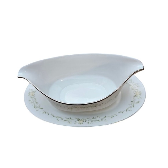 SANGO China Gravy Boat Attached Underplate Debutant Pattern Gold Trim - Picture 3 of 8